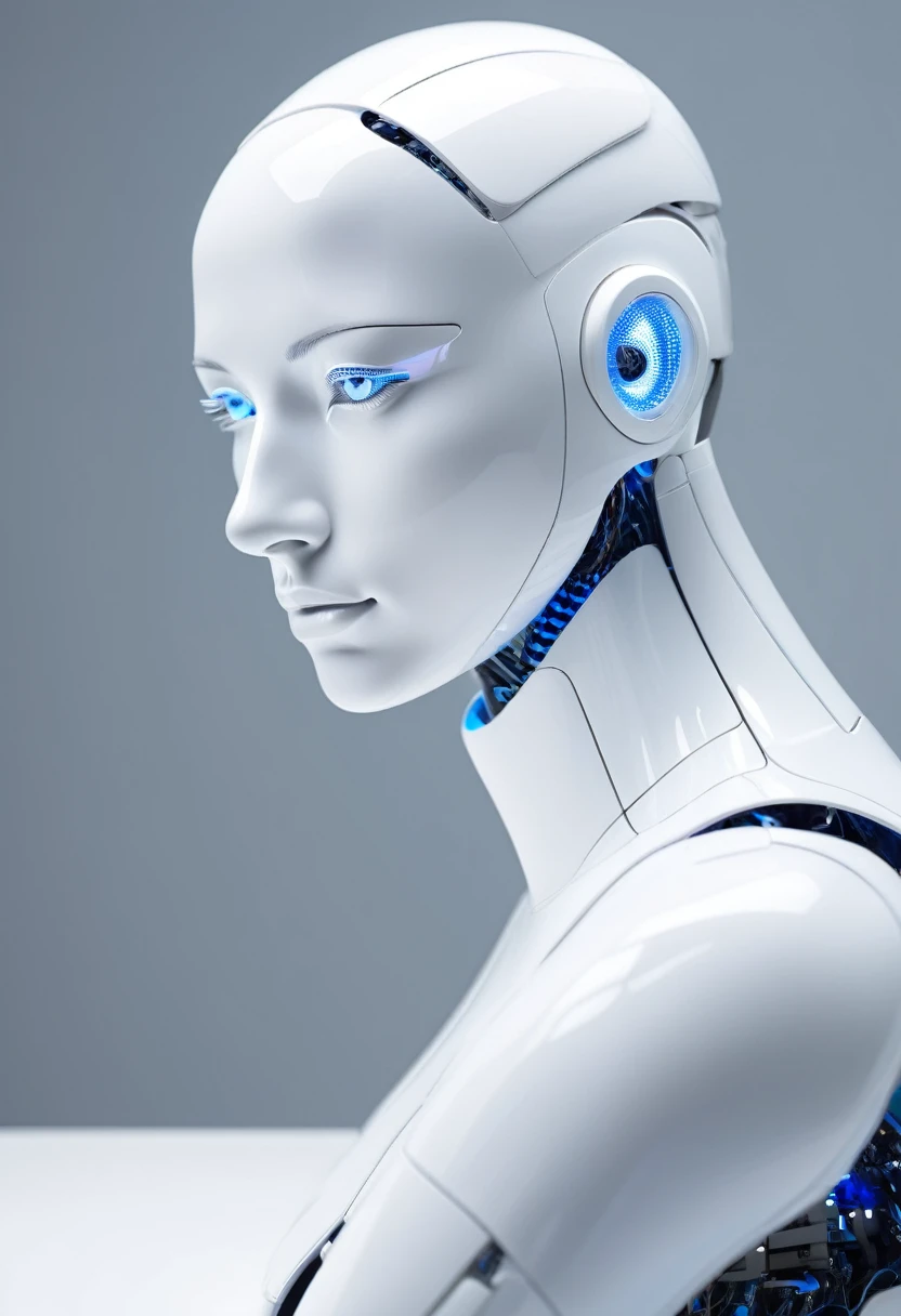 A humanoid robot in a moment of reflection. The robot made of futuristic white materials with reflective textures, bright human blue eyes, with a thoughtful and introspective expression. The setting can be futuristic or technological, with soft lighting highlighting the robot's eyes and face. Additional details such as hands resting on the chin or on a table can be included to emphasize the state of contemplation, [White, silver, mixed color details], [small blue LED lights placed under translucent sections of the chassis] hyper-realistic, plastic textures real.