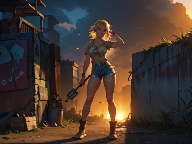 2076 year. The Urban Ruins of the Wasteland, Female huntress picking fruit in the garden, beautiful face, blonde, badly torn shirt and denim shorts , long legs, sweating through, sun rising, Nice warm colors, head to toe, full body shot, pretty hands, perfect fingers,