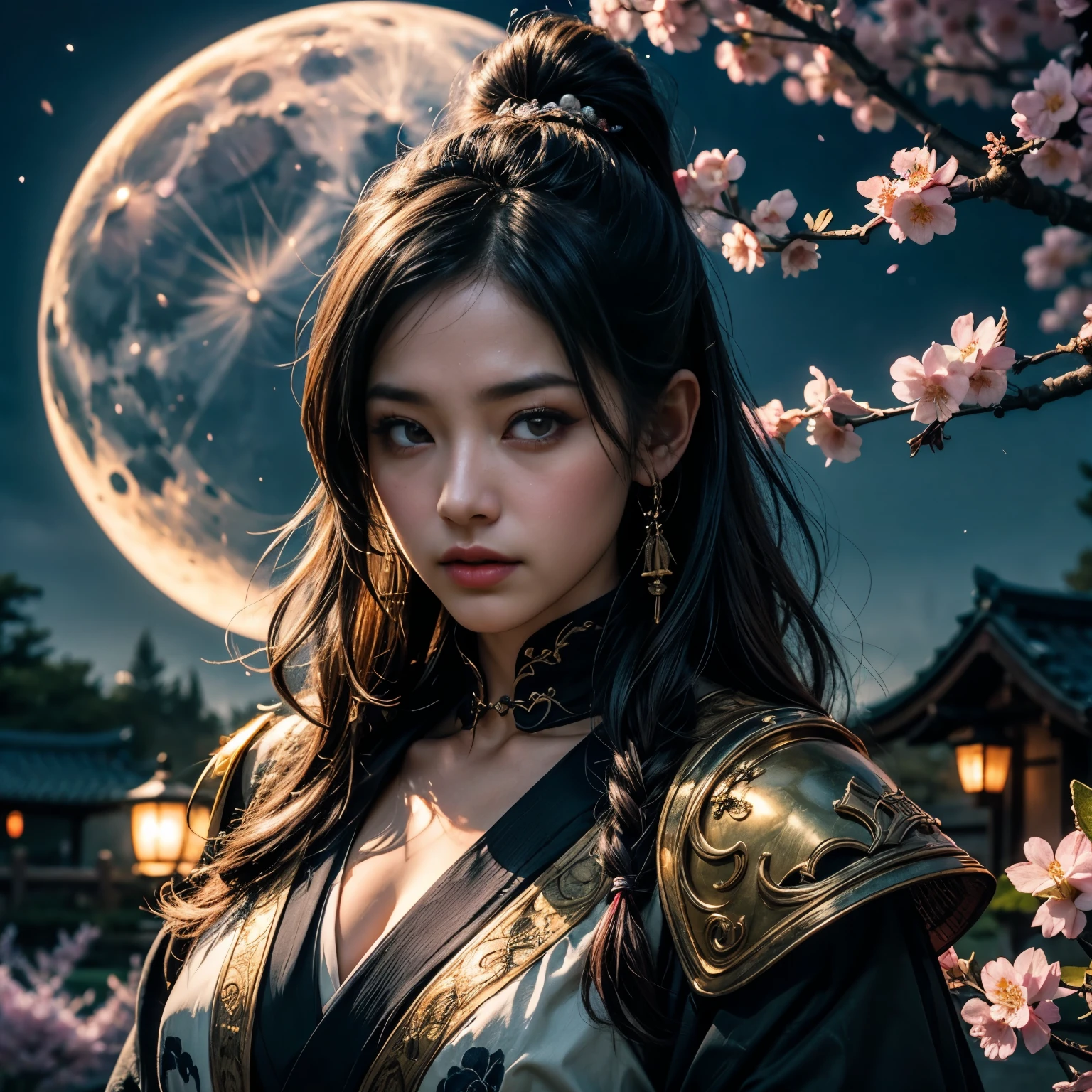 1. Scene description:
 - An assassin in the form of a female samurai wearing a skull mask。 （A girl dressed as a samurai with a skull mask-like face）
 - Detailed facial features: sharp eyes、pronounced nose、lips。 (Beautiful and detailed eyes、美しく緻密なlips)
 - Additional details: Long eyelashes、Intense expression、A strong and confident posture。 (Very detailed目と顔、Long eyelashes)
2.material:
 ·An illustration：Characters are depicted by hand.、
 - Media: High resolutionのデジタル イラスト、
 - Artistic style: Combining elements of dark fantasy and traditional Japanese art、
3. Scene details:
 - background: Cherry blossoms in full bloom and a moonlit garden、
 - Lighting: The soft moonlight casts a shadow、Illuminates the character&#39;s facial features、
 -atmosphere: Mysterious and fascinating、Full of expectations、
4.image quality:
 - highest quality、High resolution：（highest quality、High resolution）
 - Super detailed：（Super detailed）
 - Realisticなスタイル: (Realistic)
 - Bright colors：（Bright colors）
5. Color Palette:
 - Main color: Black in the character&#39;s clothing and mask、gray、Shades of silver、
 ·Cherry tree：Gentle pink and white、
 - Moonlit Sky: Deep blue and purple with a silvery tint、
6. Overall prompt:
With a face resembling a skull、Dressed as a samurai、緻密な瞳とlipsが美しい少女、sheVery detailed目と顔、Long eyelashesを持っています、she、Combining dark fantasy with elements of traditional Japanese art、High resolutionのデジタルイラストで描かれています。The stage is illuminated by moonlight、A garden with cherry blossoms in full bloom、The light is soft moonlight、It casts shadows and illuminates the character&#39;s facial features.、雰囲気はMysterious and fascinating、Full of expectations、画像はhighest quality、High resolution、Very detailed、Photorealistic style、Color Paletteには、The character&#39;s costume and mask are black.、gray、Shades of silverが含まれ、Cherry trees have soft pink and white、The moonlit sky contains deep blues and purples with a silvery tint、