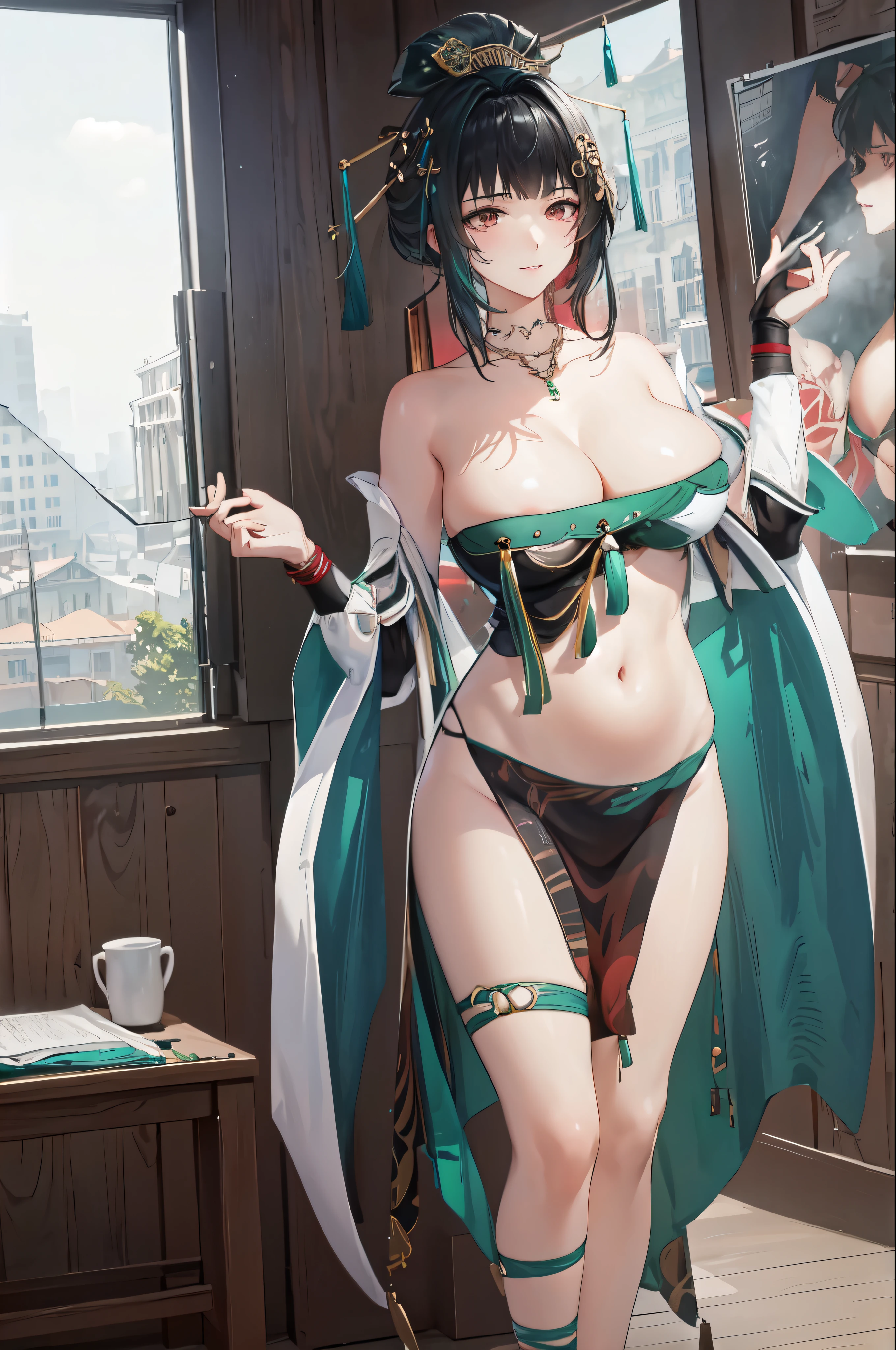 masterpiece, best quality BREAK solo, china dress, highres, 1girl, standing, (large breasts), mature female, hanying, Full body drawing, (masterpiece), (best quality), (hyperdetail), (illustration), ((extremely delicate and beautiful)), (detailed light), (prefect's body), full body drawing, Hanying, HanYing, sexy, sexy belly, sexy belly line, sexy belly button