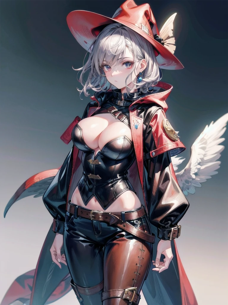 cool cowgirl, fantasy adventurer, cowboy hat, decorated hooded armor jacket, cross belt, Brown leather pants, Red leather long boots, absurdres, RAW photo, extremely delicate and beautiful, masterpiece, Best Quality, ultra high resolution, 32k, hyperrealistic, ultra-detailed, detailed description, pale skin, 20 years old, tearful mole, earring, big tits, short medium hair, wavy hair, whole body shot,
