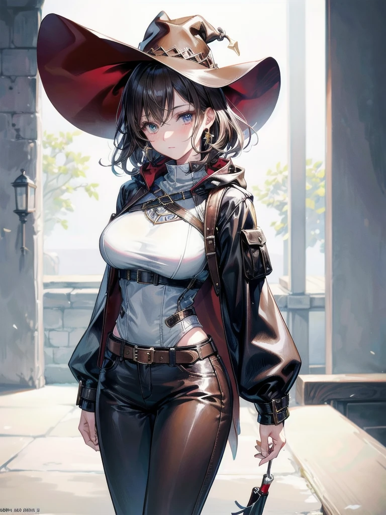 cool cowgirl, fantasy adventurer, cowboy hat, decorated hooded armor jacket, cross belt, Brown leather pants, Red leather long boots, absurdres, RAW photo, extremely delicate and beautiful, masterpiece, Best Quality, ultra high resolution, 32k, hyperrealistic, ultra-detailed, detailed description, pale skin, 20 years old, tearful mole, earring, big tits, short medium hair, wavy hair, whole body shot,
