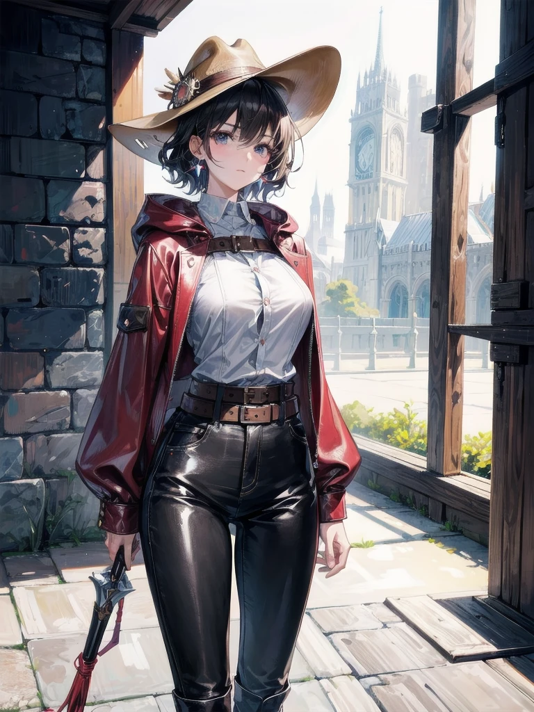cool cowgirl, fantasy adventurer, cowboy hat, decorated hooded armor jacket, cross belt, Brown leather pants, Red leather long boots, absurdres, RAW photo, extremely delicate and beautiful, masterpiece, Best Quality, ultra high resolution, 32k, hyperrealistic, ultra-detailed, detailed description, pale skin, 20 years old, tearful mole, earring, big tits, short medium hair, wavy hair, whole body shot,