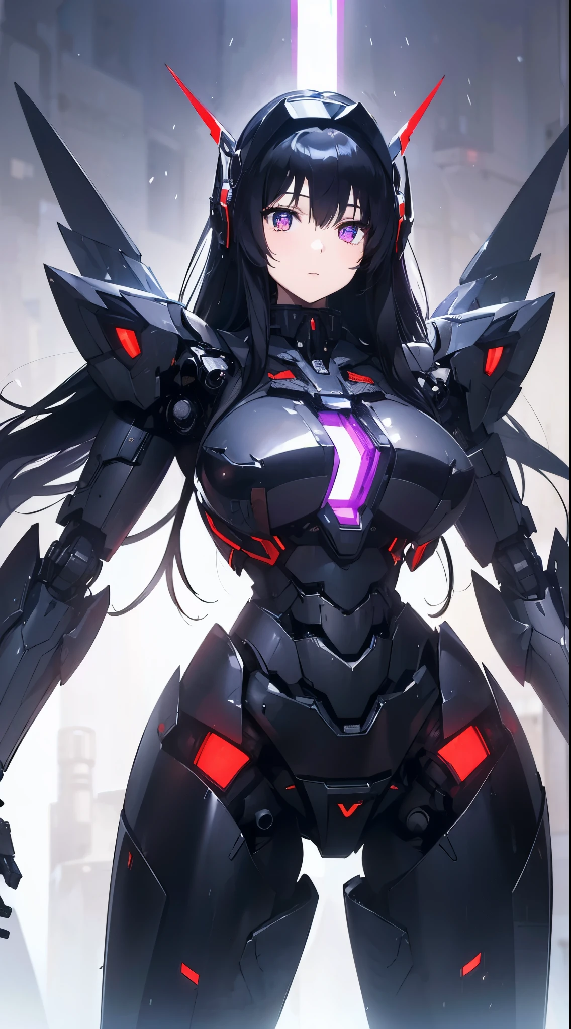 Machine eyes glowing red、Expressionless