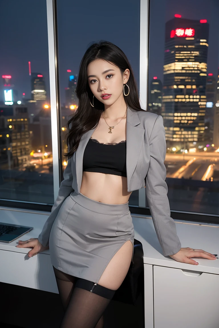 in the office,a young beautiful lady,Wear professional attire,gray blazer,Lace bandeau underwear,slit covered skirt。Bigger and wider hips,thin waist,The upper body rounder,full,Super in shape。Dressed up with jewelry,necklace,earrings,watch,High heel,black stockings。Painted with light makeup,beautiful eyeeautiful lips,very beautiful,Very temperamental。at desk,camel toe, Background modern city office buildings,Very modern,There a lot of space,Outside the window the night view of the city,Modern Shanghai city night view。8 p.m,City neon lights flashing。Professional lighting effectovie shot,intricate details,The best resolution,masterpiece。Complete fingers,intricate details