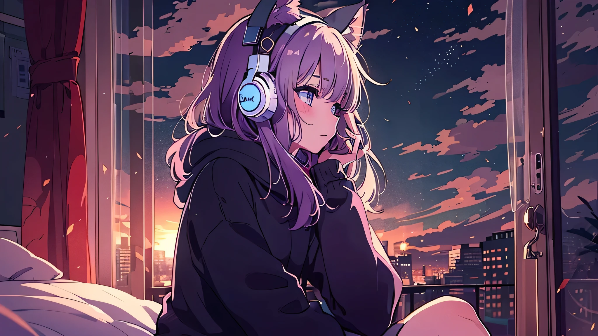 Detailed anime girls, Wearing a large sweater, Wearing headband headphones, praise, quiet, Quiet atmosphere, cold, Looking out the window in the bedroom, night, quiet night, Black cat, masterpiece, highest quality