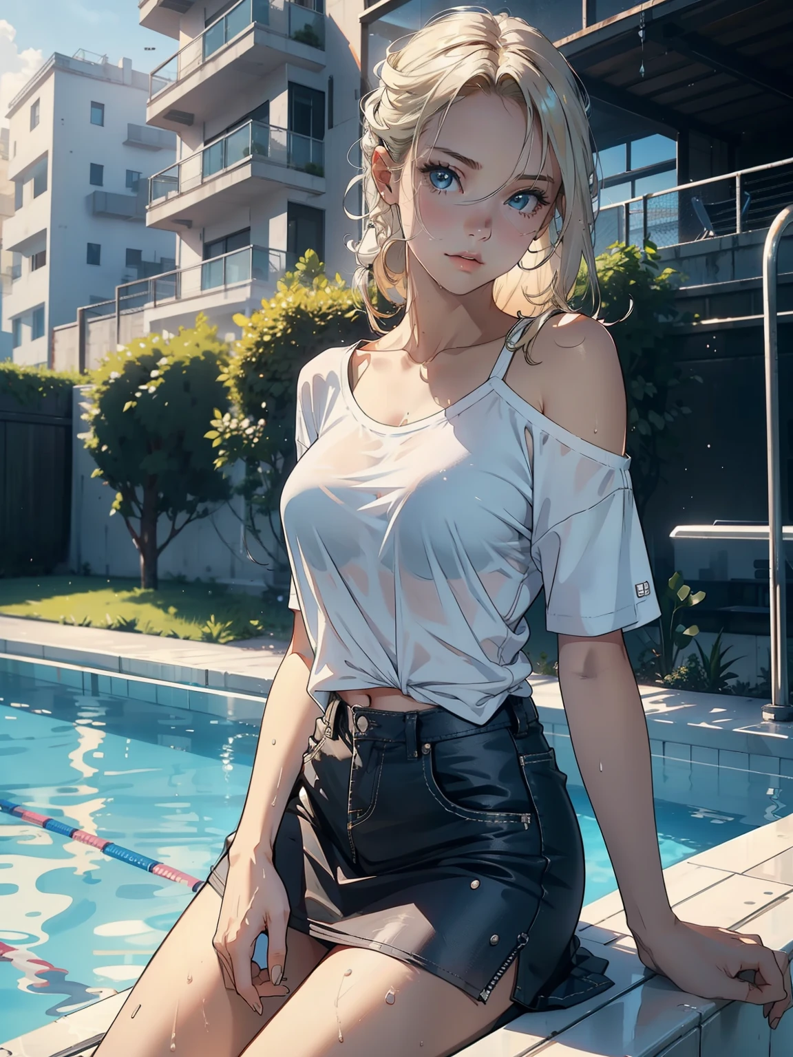 Create a photo-realistic young blond woman (length to shoulder), Blue eyes and big . She is wearing a white T-shirt, Crew Neck, Long short sleeves, none, She also wore a monochrome black cotton mini skirt. She climbed out of the swimming pool, Wet. The T-shirt clings to her body,A bit transparent. whole body, Wide-angle shooting.