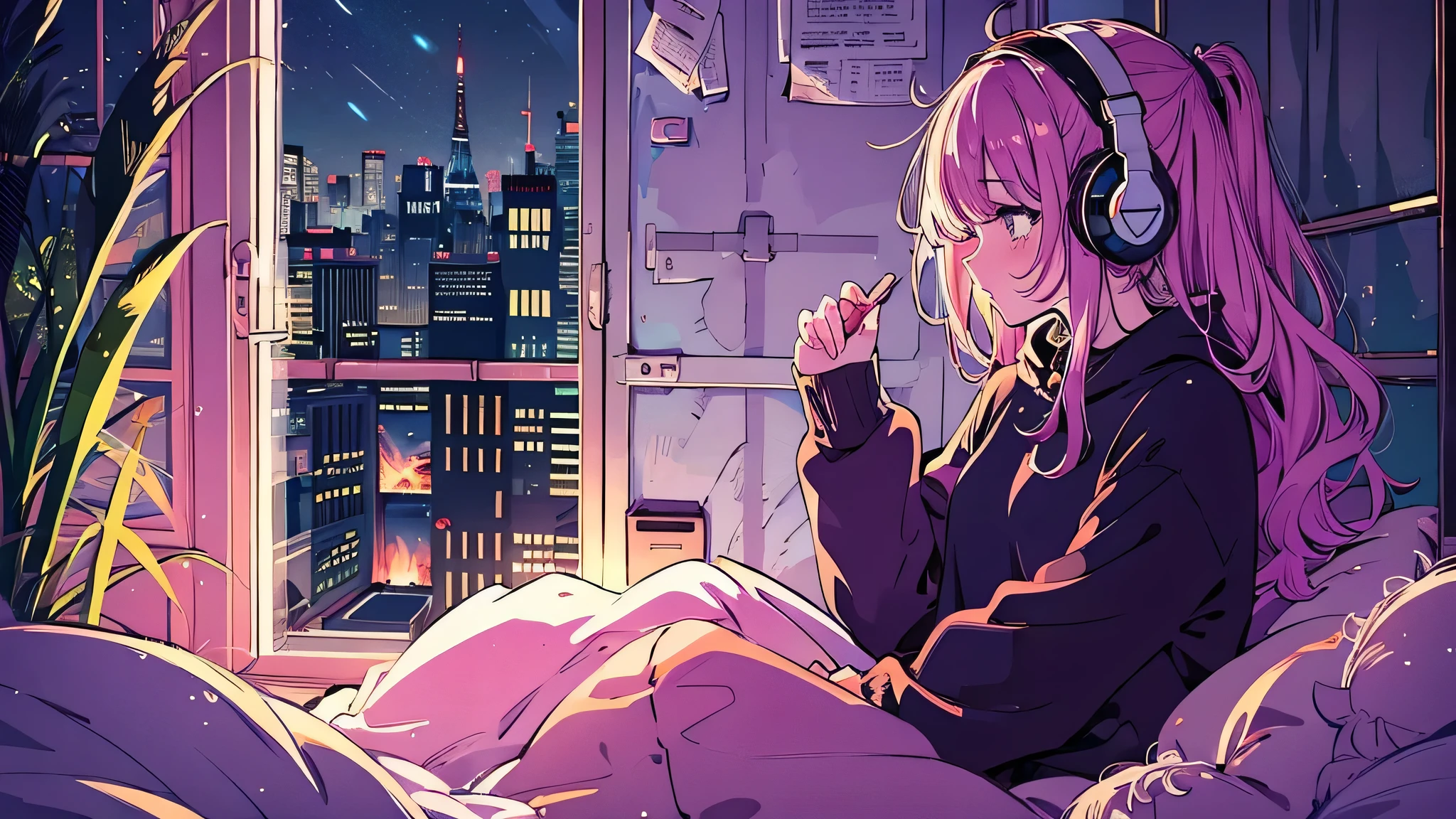 Detailed anime girls, Wearing a large sweater, Wearing headband headphones, praise, quiet, Quiet atmosphere, cold, Looking out the window in the bedroom, night, quiet night, Black cat, masterpiece, highest quality