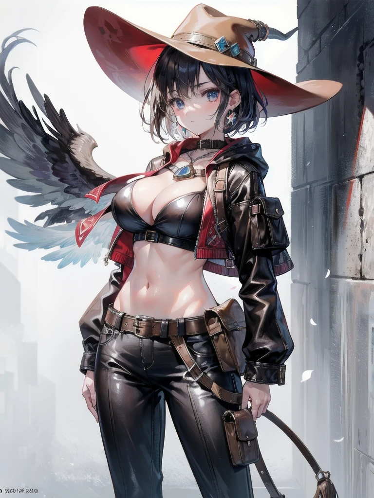 cool cowgirl, fantasy adventurer, cowboy hat, decorated hooded armor jacket, cross belt, Brown leather pants, Red leather long boots, absurdres, RAW photo, extremely delicate and beautiful, masterpiece, Best Quality, ultra high resolution, 32k, hyperrealistic, ultra-detailed, detailed description, pale skin, 20 years old, tearful mole, earring, big tits, short medium hair, wavy hair, whole body shot,