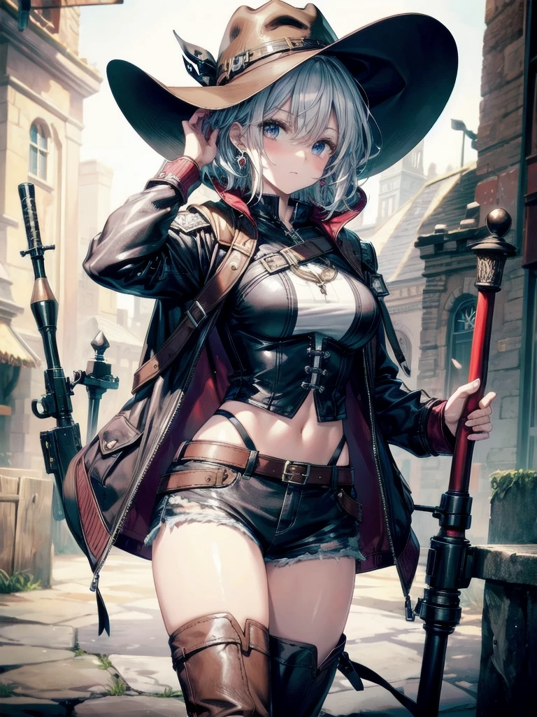 cool cowgirl, fantasy adventurer, cowboy hat, decorated hooded armor jacket, cross belt, Brown leather pants, Red leather long boots, absurdres, RAW photo, extremely delicate and beautiful, masterpiece, Best Quality, ultra high resolution, 32k, hyperrealistic, ultra-detailed, detailed description, pale skin, 20 years old, tearful mole, earring, big tits, short medium hair, wavy hair, whole body shot,