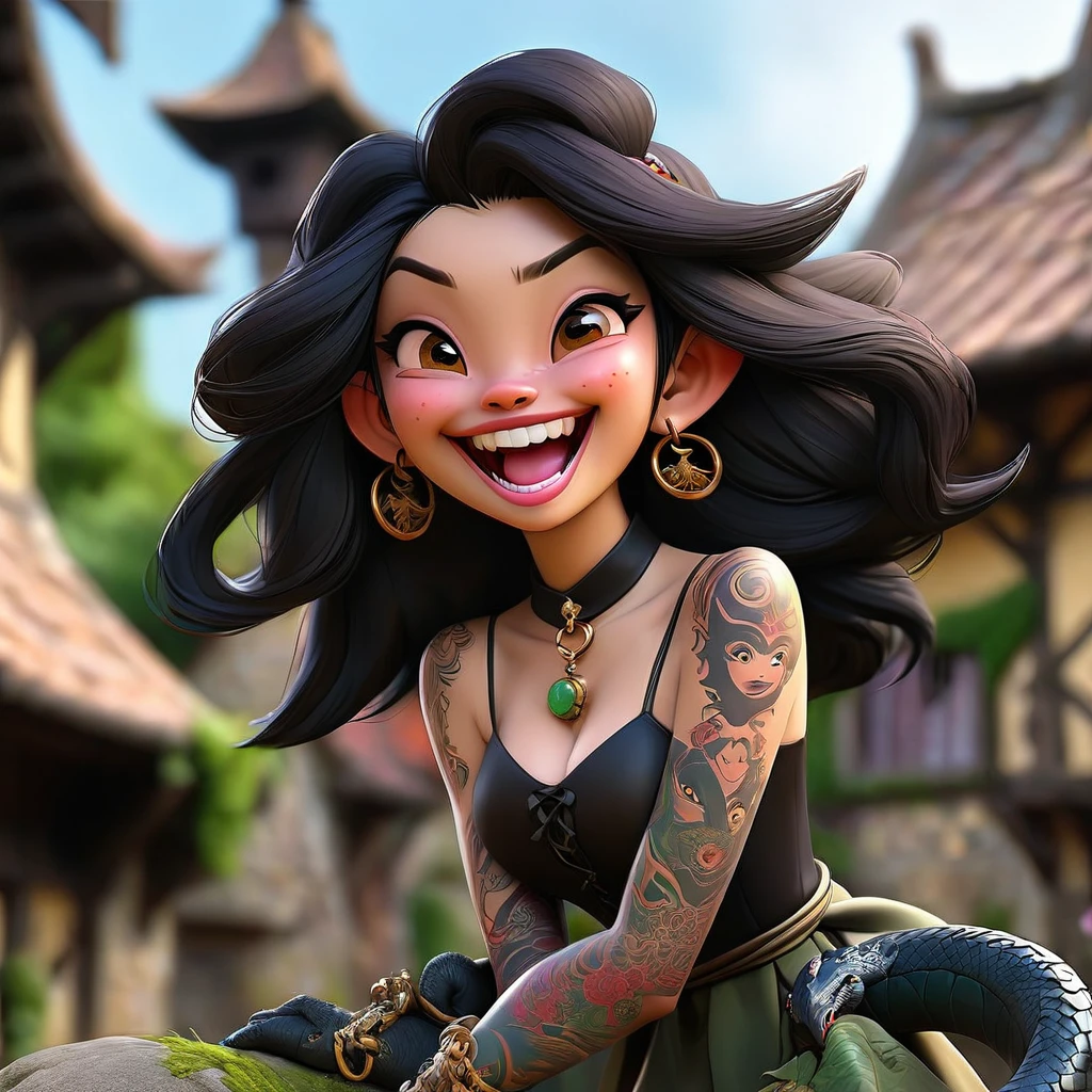 A witchy Asian spirit, Malaysian woman, age 25, ankle length hair, extensive tattoos ( dragon motif), evil body jewelry, unclad (very sexy and revealing but still enough is covered to be SFW) , glowing eyes, and a unholy aura, she is laughing cruelly, she floats above a corrupt magic circle in a medieval European village, black serpentine Asian drakes slither around the edges of the scene(almost out of sight, almost out of reach). (best quality, 4k, highres, masterpiece:1.2), ultra-detailed, (realistic, photorealistic, photo-realistic:1.37), HDR, UHD, studio lighting, ultra-fine painting, sharp focus, physically-based rendering, extreme detail description, professional, vivid colors, bokeh, portraits, landscape, horror, anime, sci-fi, photography, concept artists, vibrant colors, soft lighting. Set in a medieval European village