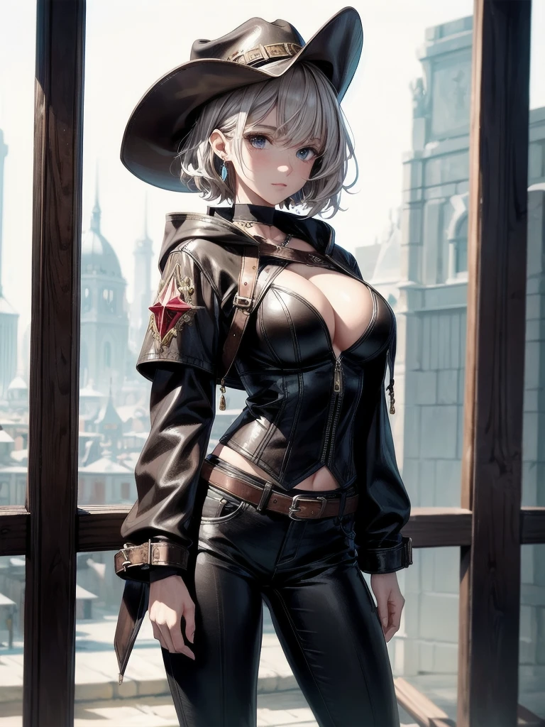 cool cowgirl, fantasy adventurer, cowboy hat, decorated hooded armor jacket, cross belt, Brown leather pants, Red leather long boots, absurdres, RAW photo, extremely delicate and beautiful, masterpiece, Best Quality, ultra high resolution, 32k, hyperrealistic, ultra-detailed, detailed description, pale skin, 20 years old, tearful mole, earring, big tits, short medium hair, wavy hair, whole body shot,