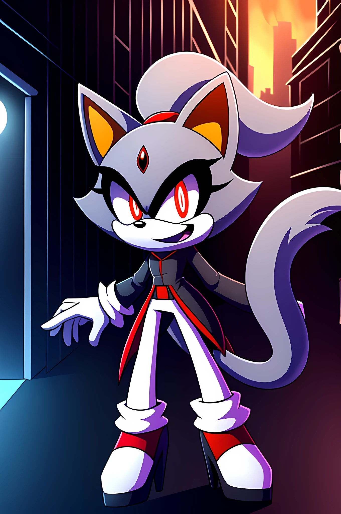 (((masterpiece))), High quality, studio quality, digital art, solo character, mobian, in the style of Sonic the Hedgehog, fluffy and wispy grey fur, female cat demon, intimidating height, very skinny legs, skinny body, ponytail that sticks straight up, wearing a plain grey coat with coattails, long coattails, white leggings, black high heels, big evil grin, evil laughter, reveling in evil laughter, throwing head back, villainous stance, triumphant pose, long fluffy tail, long wispy tail, black eyes with red glowing pupils, smoky atmosphere, in the back of a dark city alleyway, nighttime, graphic novel style art