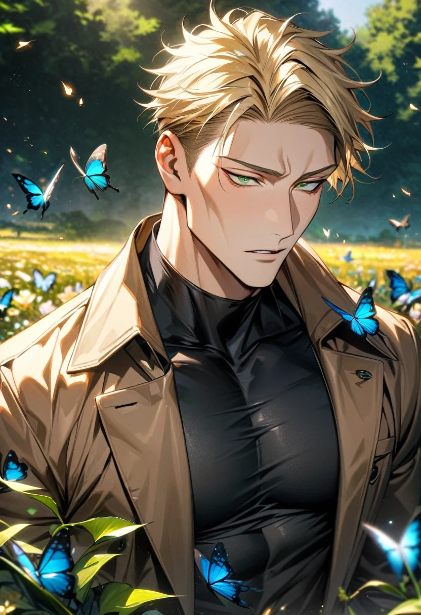 absurdres, highres, ultra detailed, HDR, master piece, best quality, Nanami Kento, blonde hair, expressive green eyes, Jujutsu Kaisen, solo, sexy man, handsome, brown coat, black tight shirt, field, flowers, butterflies