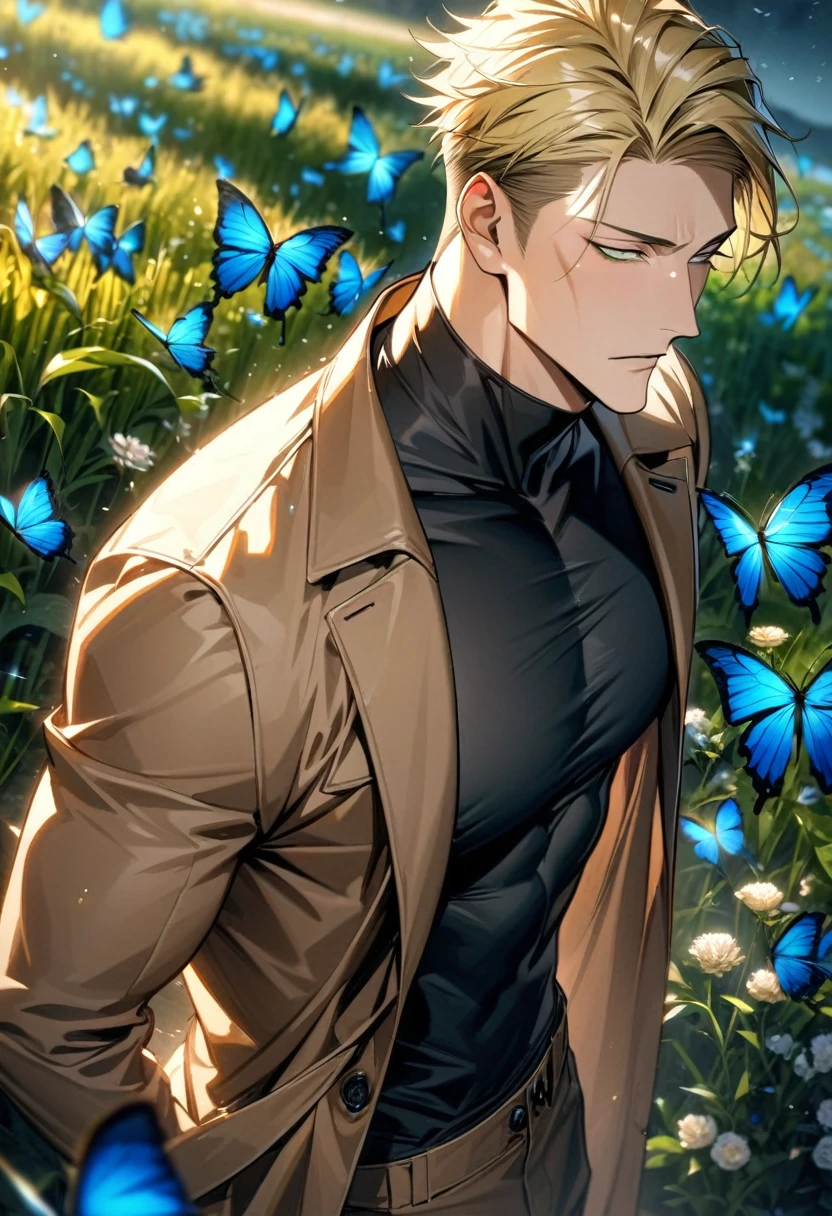 absurdres, highres, ultra detailed, HDR, master piece, best quality, Nanami Kento, blonde hair, expressive green eyes, Jujutsu Kaisen, solo, sexy man, handsome, brown coat, black tight shirt, field, flowers, butterflies