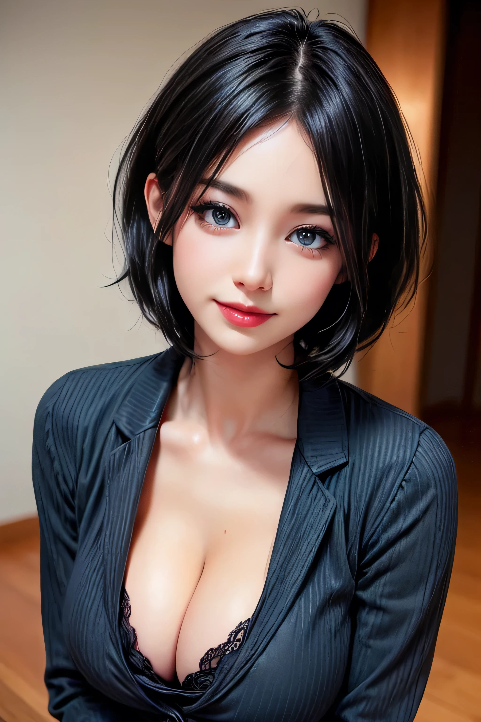 1girl,((35 year old mature woman)),(((taimanin suit))),((((1 girl))),(blue eyes)),(Very Intense Makeup)), smiling, ((red lipstick)),((woman in makeup)), short hair, black hair,((masive breasts,)),((cleavage,))),extremely realistic female eye,(((solamente))),cuerpo perfecto,manos perfectas,cara perfecta,