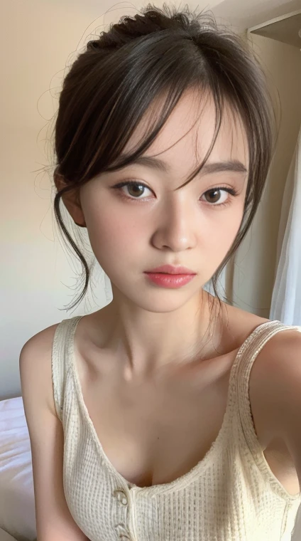 ((top-quality、8k、masterpiece:1.3))、a beauty、Hidden Face、1girl in、a beauty:1.3、Slender Abs:1.1、camisole vest、random hairstyle、small tit(Sitting in bed)、hyperdetailed face、very detailed lips、A detailed eye、double eyelid、exposed small cleavage、