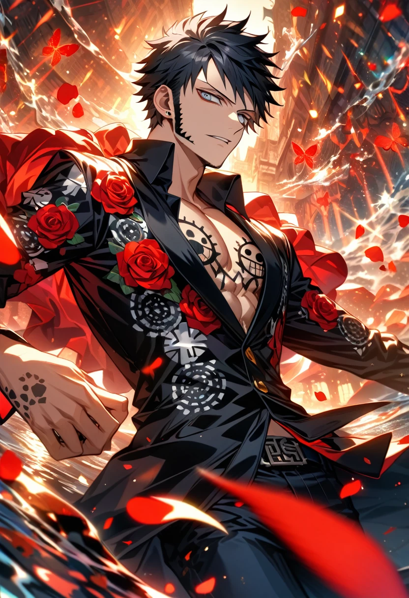 Ultra detailed, HDR, Highres, absurdres, master piece, Trafalgar D Water Law, black hair, expressive silver eyes, black clothes with patterns, One Piece, red glittering butterflies, red ice, petals, red ice roses, sexy man, solo, extremely detailed face and eyes, handsome, glittering, water,