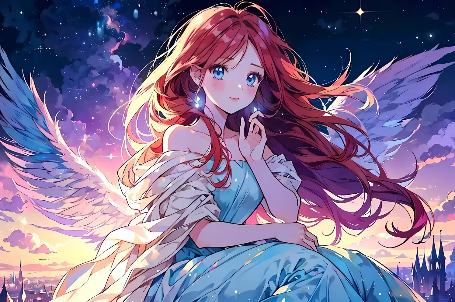 official art, unified 8k wallpaper, Super detailed, beautiful and Aesthetic, high quality, beautiful, masterpiece, best quality, (tangled, mandala, tangled, twist: 0.6), 1 female,  Miku nakano, blue eyes,  fluffy brown red hair, nakano_miku, sparkling eyes, perfect face, soft smile, sweet face, lovely, gradient lilac and indigo and cream iridescent ballgown, flowing glowing hair, glowing flowing hair, soft vivid colours, lovely, splendid, delicacy, 4k, watercolor illustration, disney art style, dreamy nebula, fairy core, pearly dim light, soft pastel colours, diffused dreamy light, pearly nebula, Heart, iridescent, crystal,  blue sky, iridescent clouds, pastels, dark starry sky,   otherworldly purples yellows and pink pastel cream landscape background, 

glowing aura around her, fantasia otherworldly landscape, beautiful, masterpiece, best quality, 
octans, sky, star (sky), scenery, light blue sky, 1girl, solo, outdoors, cloud, milky way, sitting, pale moon, magical photography, ultra-detailed, 4k, Depth of field, High-resolution, outdoors, night, starry sky, starts made of iridescent tears, pastel aesthetic colors, sfw, masterpiece, 4k, ultradetailed, cowboy shot, sparkling eyes,  smile, happy, cute, looking at the sky, dim light, ​masterpiece、top-quality、Beautifully Aesthetic:1.2)、(a beauty girl:1.3)、vivid colours、colourfull、Large ribbon、Wallpapers, night, dark, Soft Light, Deep Focus Bokeh, fantasy, galaxy, sparkling, splendid, colorful, magical photography, dramatic lighting, intricate details, (1 girl, solo, alone) crystal, fantasy, shimmering, sparkling, colorful, bright colours. fix her hands