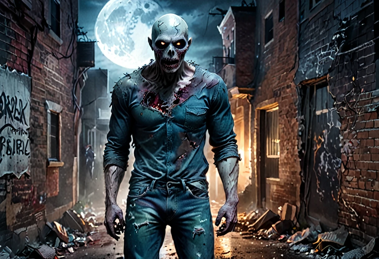 High resolution, masterpiece, high quality, Ghoul,zombie,male, torn skin, White, thin hair, Blue Denim Jeans, Attack, Looking Camera,Muddy, Back alley at night, Midnight, full moon, Dark atmosphere,Spooky lighting,複数のzombie,Exhaustion, black eye