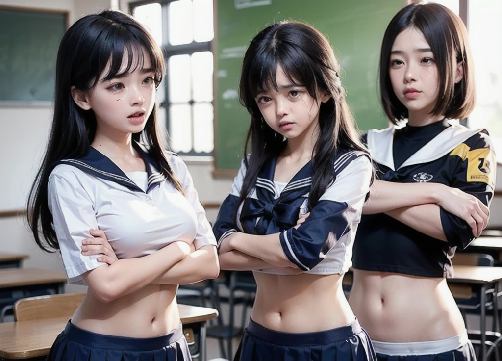 (Three Woman in front of classroom), ??? teenager and adult , ((white crop top sailor suit)), blue student skirts, open navel, open belly, (show abdomen area), ((((arms crossed over chest)))), (((crying))), standing , (ready for punishment), (long shot)