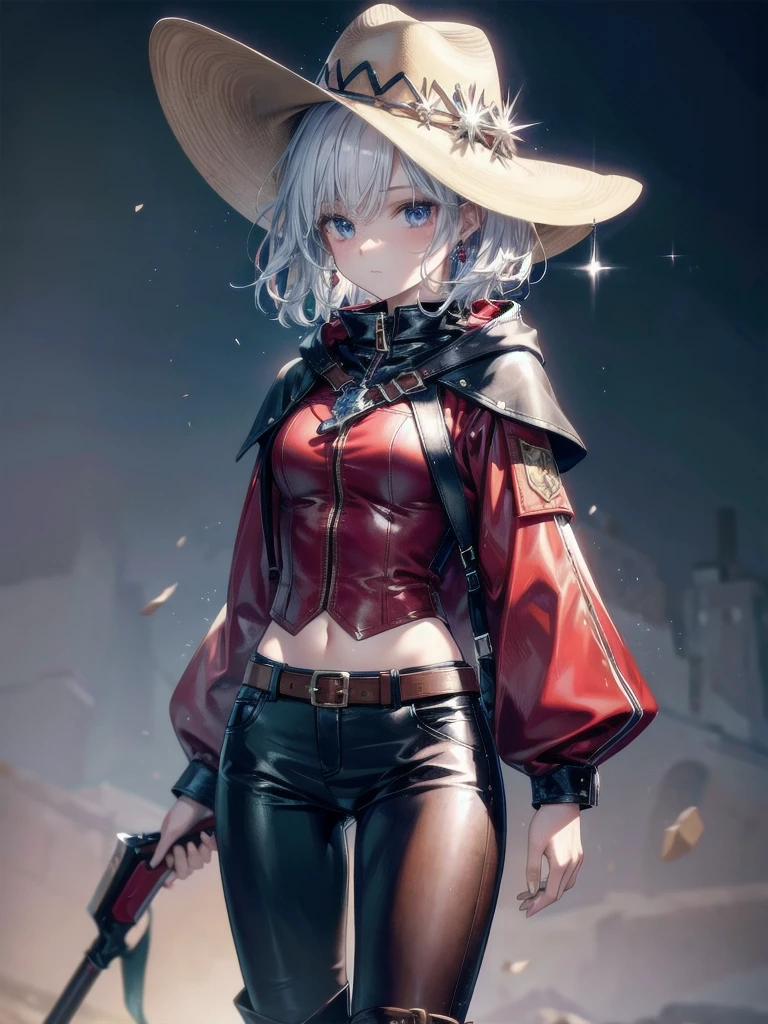 cool cowgirl, fantasy adventurer, cowboy hat, decorated hooded armor jacket, cross belt, Brown leather pants, Red leather long boots, absurdres, RAW photo, extremely delicate and beautiful, masterpiece, Best Quality, ultra high resolution, 32k, hyperrealistic, ultra-detailed, detailed description, pale skin, 20 years old, tearful mole, earring, short medium hair, wavy hair, whole body shot,