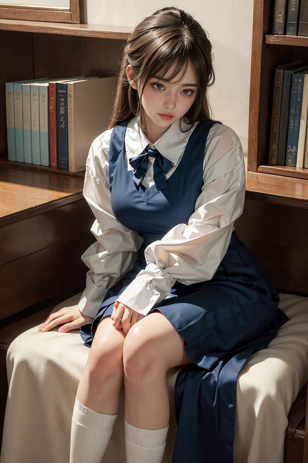 (best quality,4k,8k,highres,masterpiece:1.2),ultra-detailed,(realistic,photorealistic,photo-realistic:1.37), ((classroom, a peasant school girl, she wears dress, solo, shy)), ((very large bust size for her young age, 13 years old)), she wears beret, she wears no bra, braided red hair, pale skin, full body view, showing body , undressing