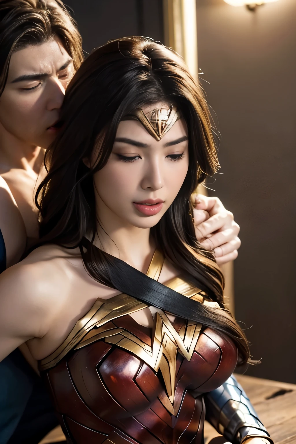 私はWonder Womanです、完璧なWonder Womanの衣装,Kneel,押しDefeated,Defeated,A man mounts me,Face grabbed、Hug from the front,Hugged,Being strangled,You can hold it，Leaning on the man，Hugged，Can be lifted，Men lick my face with their tongues,The guys lick my head with their tongues,Men lick my hair with their tongues,My body is licked by men,sleeping face,Close ~ eyes,Open your mouth,Tired face,Face of Suffering,sleeping face,Being slapped in the face,Getting punched in the face,Fighting with men,Fight with the men,Surrounded by men,,Caught between the men,Being held back by men,Entanglement with males, Attacked by men,Brown Hair,  masterpiece、beautiful girl、fine 目、puffy eyes、highest quality, 超High resolution, (reality: 1.4), Cinema Lighting,so beautiful、Beautiful Skin、(超reality的な)、(High resolution)、(8k)、(Very detailed)、(beautiful and fine 目)、(Very detailed)、 Detailed face、Diagonal bangle hair、Brown Hair、20-year-old、Wonder Womanのコスプレ，Wonder Woman