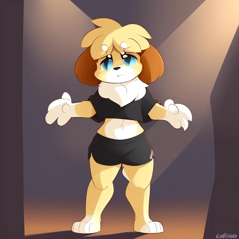 Shih Tzu, (((Shih Tzu))) hairy male anthro, blue eyes, portrait, wearing black shorts, barefoot, alone, (body fur:1.2), (best quality), thick thighs, dramatic lighting, (detailed fluffy fur: 1.1), Kilinah, by Coffeesoda, by hioshiru, by Kilinah)), (((full body))), (((fluffy))), (((totally fluffy body)))