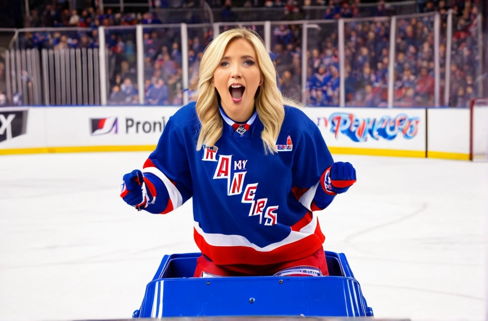 A woman with blonde hair, wearing a New York Rangers jersey, chanting "Its my birthday",driving a blue and red Zamboni, on a hockey rink, during an active hockey game.