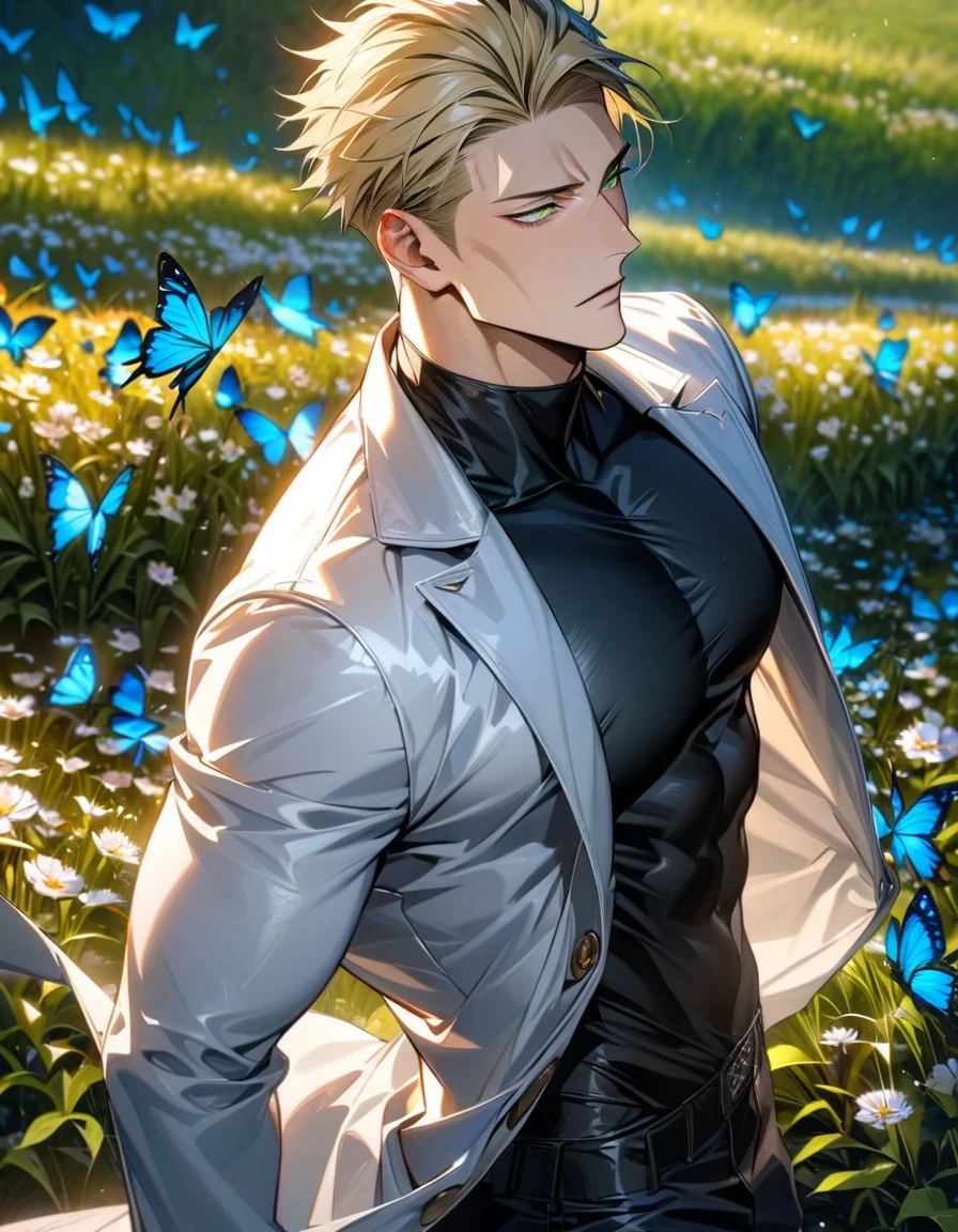 absurdres, highres, ultra detailed, HDR, master piece, best quality, Nanami Kento, blonde hair, expressive green eyes, Jujutsu Kaisen, solo, sexy man, handsome, white coat, black tight shirt, field, flowers, butterflies