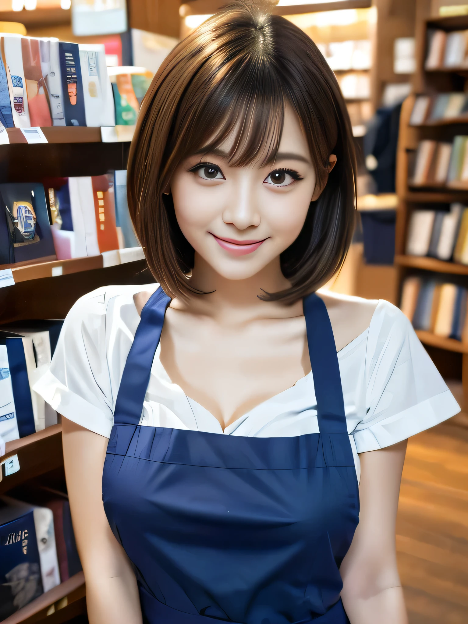 highest quality,Ultra-high resolution,girl,beautiful girl,Bob Hair,Clear double eyelids,Big Eyes,Slender face,Beautiful face,smile,Naked Apron,logo,navy blue,Light blue shirt,Thigh Emphasis,Pussy in full view,Bookstore clerk