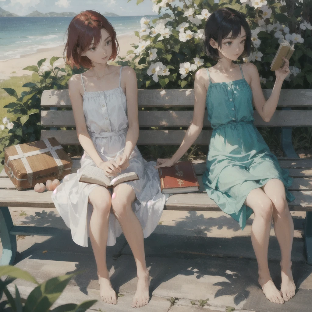 A gentle, slender, thin girl of  with an exquisite, perfect, very beautiful face of the southern type with large alien eyes with short red hair in a light summer green sundress, barefoot on the pier on a bench, reading a book under a flowering tree, there is a small old travel suitcase on the ground nearby, soft amber evening light, warm sun, gentle waves, mint and peach shades