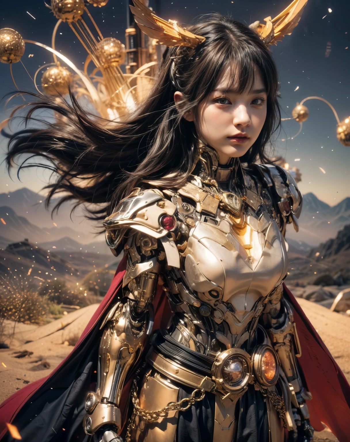 (top-quality:1.2, masterpiece)、ultra high resolution、extremely ultra surrealism, (Photorealsitic:1.4)、Raw photo、(Steampunk Battle Cyborg fallen angel)、(large mechanical bat wings)、black porcelain body、red  hair、glowy skin、1 Cyborg girl、(mechanical frame:1.3)japanese, extremely cute face,  ((super realistic details))、portrait、globalillumination、Shadow、octan render、8K、ultrasharp、character edge light、Details of complex ornaments、Acrylic Clear Cover、Sumerian details、Hydraulic cylinder、Small LED lamp、highly intricate detail、Realistic light、a purple eye、radiant eyes、Facing the camera、neon details、cowboy  shot、Futuristic headgear、About Cyberpunk
