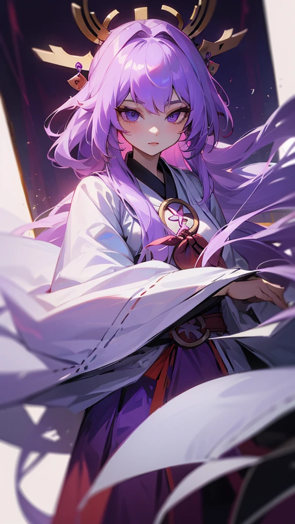 highest quality Neutral face woman I have long hair kind Odd Eye one person White and purple hair Miko costume beautiful girl