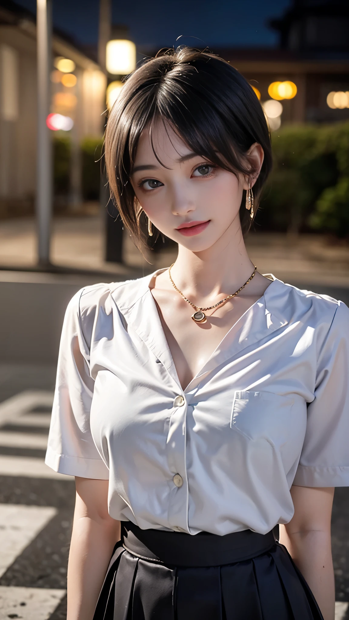 (8k, highest quality, Tabletop:1,2), (Realistic, Photorealistic:1.37), Super Detail, One Girl,), (Very detailedな), (Beautiful and detailed eyes), (highest quality), (Very detailed ), (Tabletop), (Detailed face),20-year-old, whole body, One girl, View your viewers, A cityscape full of people, sunset, sunny day, crowd, Silver Hair, Very short hair, Excited face:1.5), Dressed、The chest is visible