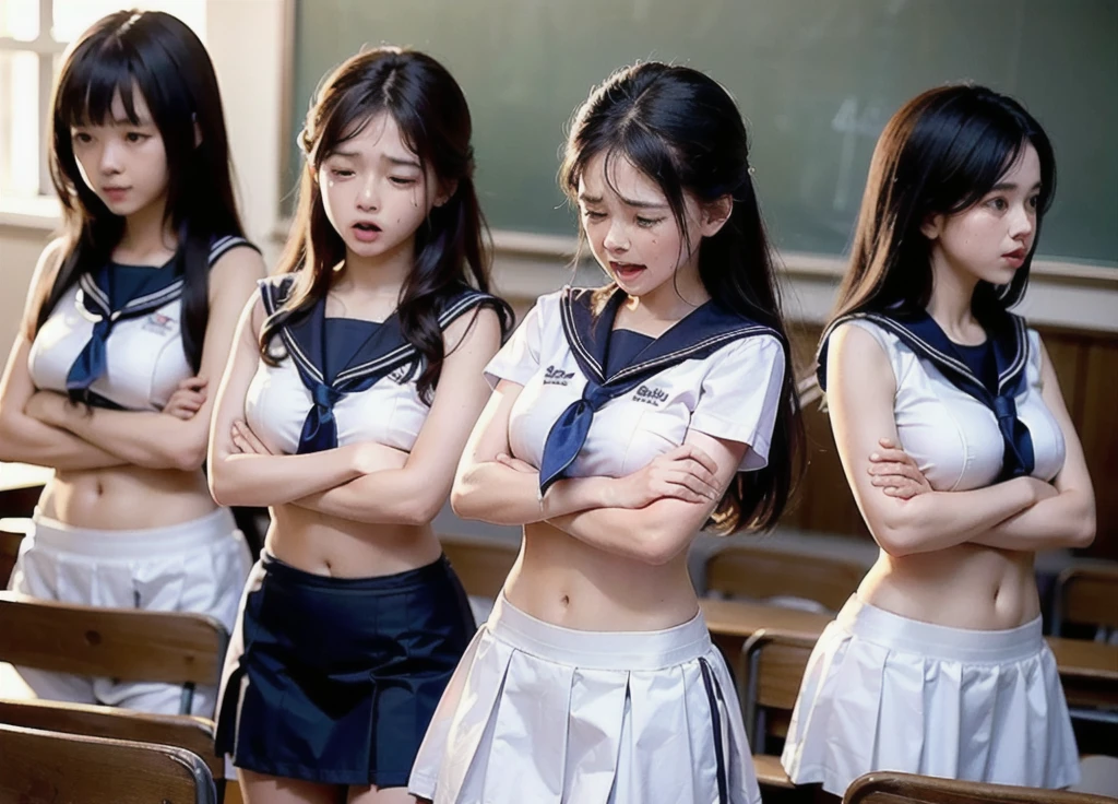 (Three Woman in front of classroom), teenager and adult , ((white crop top sailor suit)), blue student skirts, open navel, open belly, (show abdomen area), ((((arms crossed over chest)))), (((crying))), standing , (ready for punishment), (long shot)