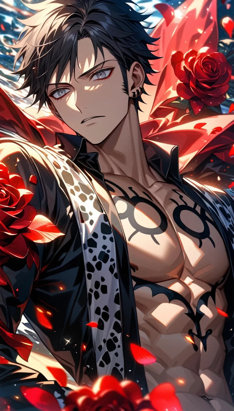 Ultra detailed, HDR, Highres, absurdres, master piece, Trafalgar D Water Law, black hair, expressive silver eyes, black clothes with patterns, One Piece, red glittering butterflies, red ice, petals, red ice roses, sexy man, solo, extremely detailed face and eyes, handsome, glittering, water, toned chest,