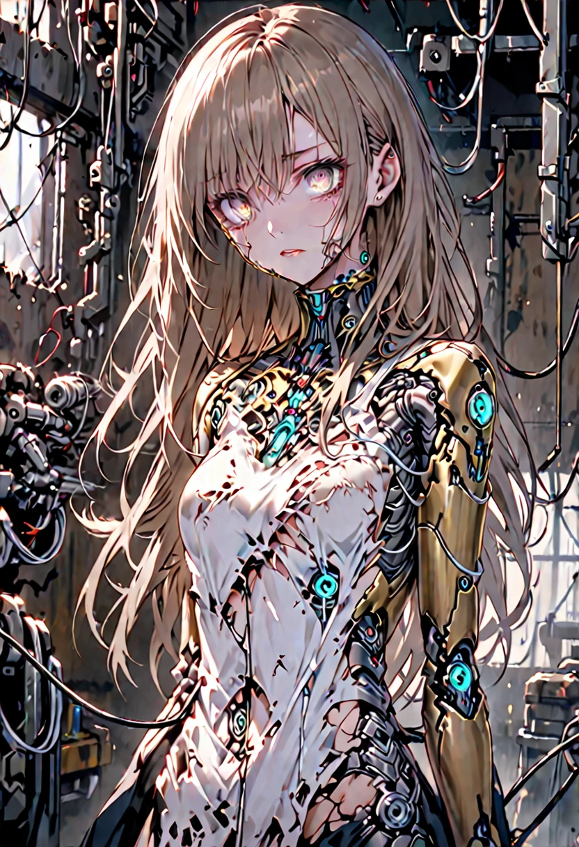 solo, female, sfw, medium shot, long straight hair, light brown hair, hazel eyes, teary eyes, , workshop, cyborg, robot innards, torn clothes, cables