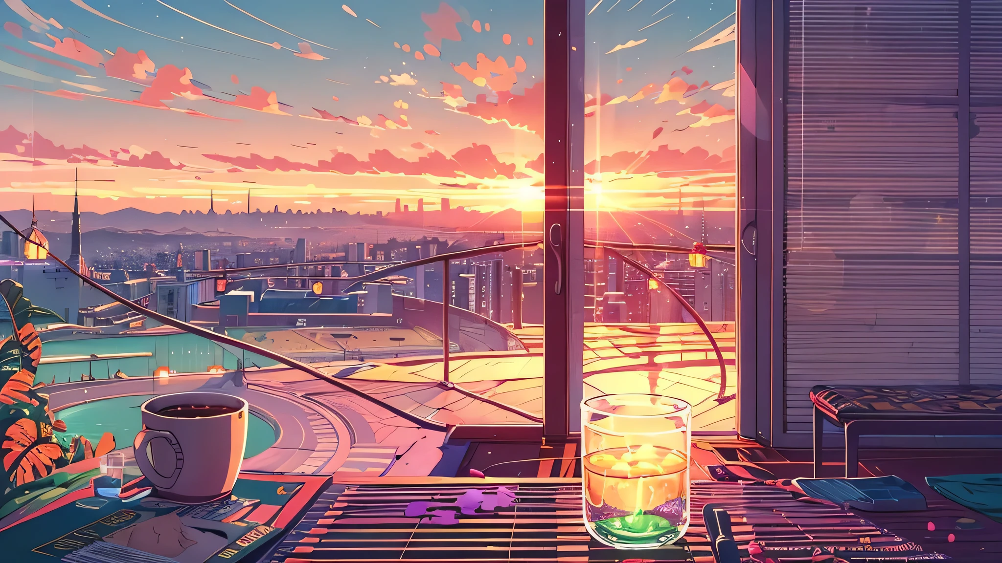 Makoto Shinkai, evening, A room with the setting sun, Inside the room, unmanned