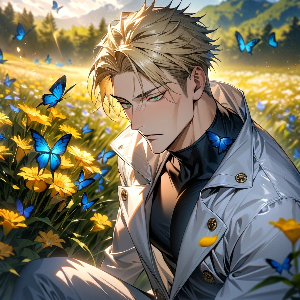 absurdres, highres, ultra detailed, HDR, master piece, best quality, Nanami Kento, blonde hair, expressive green eyes, Jujutsu Kaisen, solo, sexy man, handsome, white coat, black tight shirt, field, flowers, butterflies