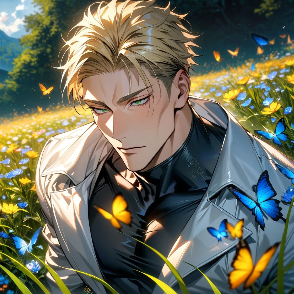 absurdres, highres, ultra detailed, HDR, master piece, best quality, Nanami Kento, blonde hair, expressive green eyes, Jujutsu Kaisen, solo, sexy man, handsome, white coat, black tight shirt, field, flowers, butterflies