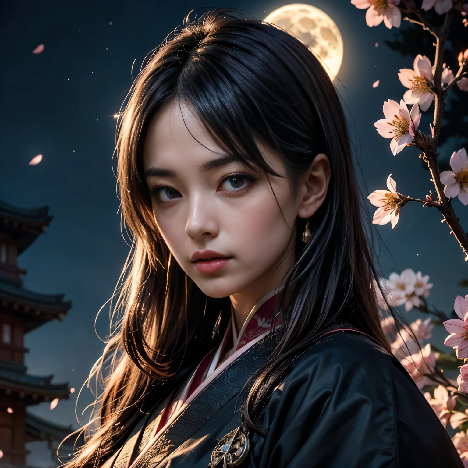 1. Scene description:
 - （An assassin in the form of a female samurai wearing a skull mask:1.7）、 （A girl dressed as a samurai with a skull mask-like face）
 - Detailed facial features: sharp eyes、pronounced nose、lips。 (Beautiful and detailed eyes、美しく緻密なlips)
 - Additional details: Long eyelashes、Intense expression、A strong and confident posture。 (Very detailed目と顔、Long eyelashes)
2.material:
 ·An illustration：Characters are depicted by hand.、
 - Media: High resolutionのデジタル イラスト、
 - Artistic style: Combining elements of dark fantasy and traditional Japanese art、
3. Scene details:
 - background: Cherry blossoms in full bloom and a moonlit garden、
 - Lighting: The soft moonlight casts a shadow、Illuminates the character&#39;s facial features、
 -atmosphere: Mysterious and fascinating、Full of expectations、
4.image quality:
 - highest quality、High resolution：（highest quality、High resolution）
 - Super detailed：（Super detailed）
 - Realisticなスタイル: (Realistic)
 - Bright colors：（Bright colors）
5. Color Palette:
 - Main color: Black in the character&#39;s clothing and mask、gray、Shades of silver、
 ·Cherry tree：Gentle pink and white、
 - Moonlit Sky: Deep blue and purple with a silvery tint、
6. Overall prompt:
With a face resembling a skull、Dressed as a samurai、緻密な瞳とlipsが美しい少女、sheVery detailed目と顔、Long eyelashesを持っています、she、Combining dark fantasy with elements of traditional Japanese art、High resolutionのデジタルイラストで描かれています。The stage is illuminated by moonlight、A garden with cherry blossoms in full bloom、The light is soft moonlight、It casts shadows and illuminates the character&#39;s facial features.、雰囲気はMysterious and fascinating、Full of expectations、画像はhighest quality、High resolution、Very detailed、Photorealistic style、Color Paletteには、The character&#39;s costume and mask are black.、gray、Shades of silverが含まれ、Cherry trees have soft pink and white、The moonlit sky contains deep blues and purples with a silvery tint、