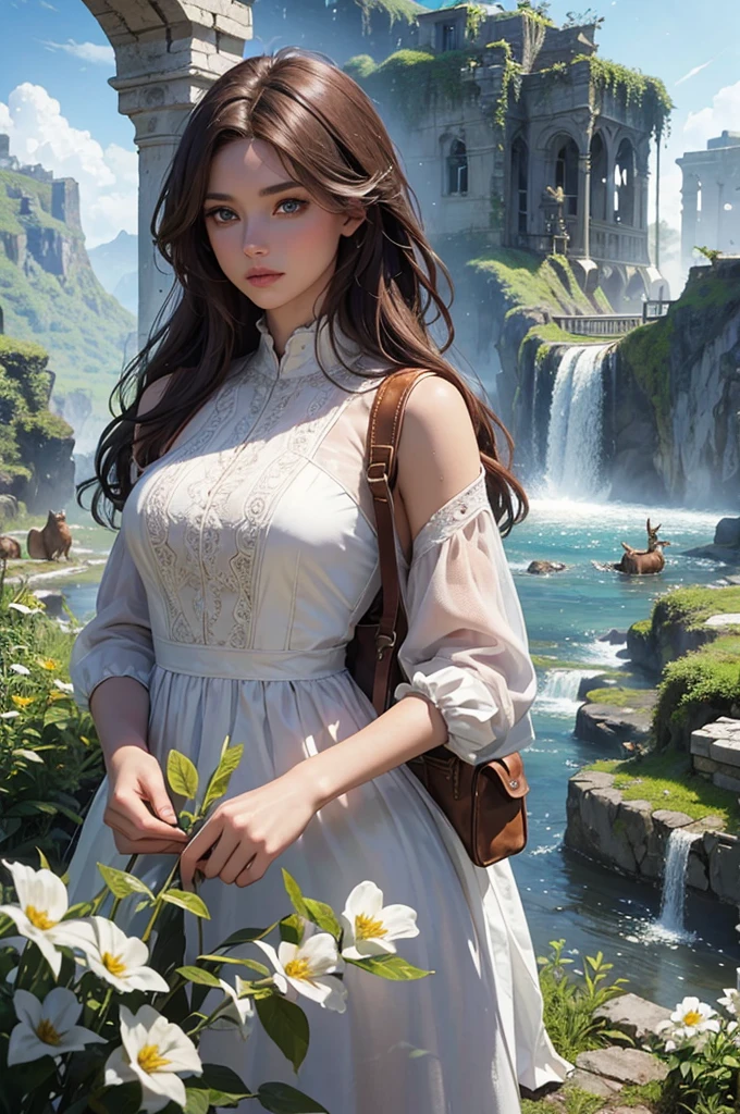 (superior quality) Young woman, beautiful face, brown hair, fair skin, blue eyes, long tousled hair, worn medieval garment, white dress, ruin, destroyed building, nature reclaiming its rights, greenery, foliage, waterfall, day, sun, ultra-detailed landscape, brown boot, mud, nature, backpack, detailed face, detailed eyes, white flowers, detailed character, bird, deer.