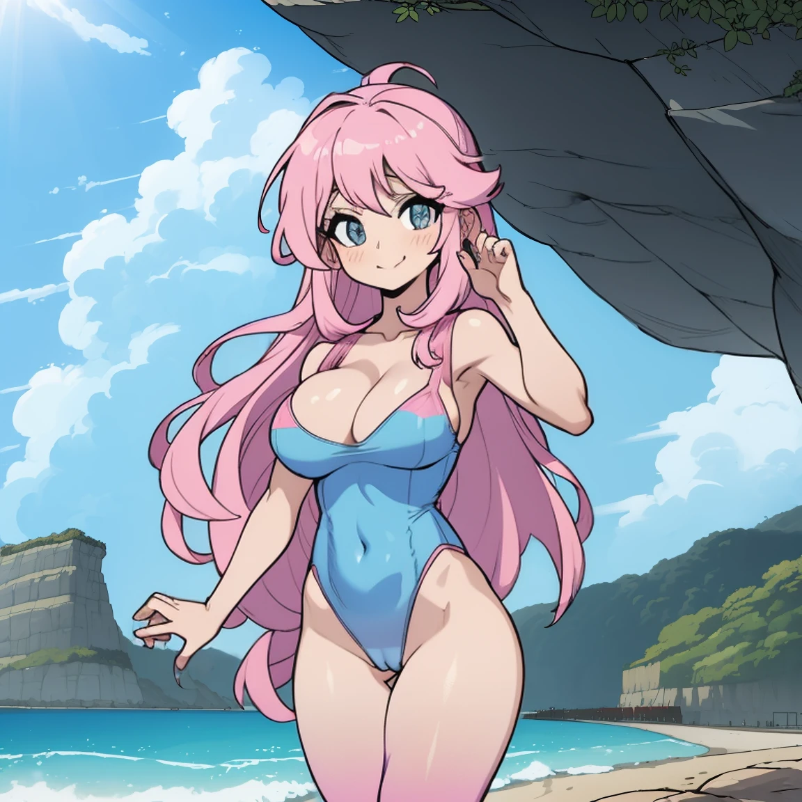 (masterpiece, best quality:1.2), cowboy shot, (solo), (1girl):1.5, glasses, long fluffy pink hair, hair blowing, gorgeous body, wide hips, slight smile, ((very sexy and transparent (blue leotard)) with exposed navel), musculous belly, gorgeous huge breasts, ((pink breasts niples) under very transparent blue leotard), (cameltoe), in front a waterfall in a windy beach, view form sea to beach.