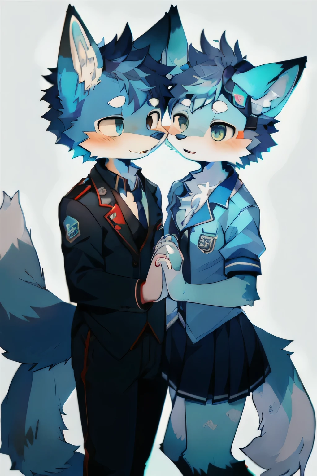 Blue fur, canine, fox motif, girl and boy couple, uniform、Holding hands together
