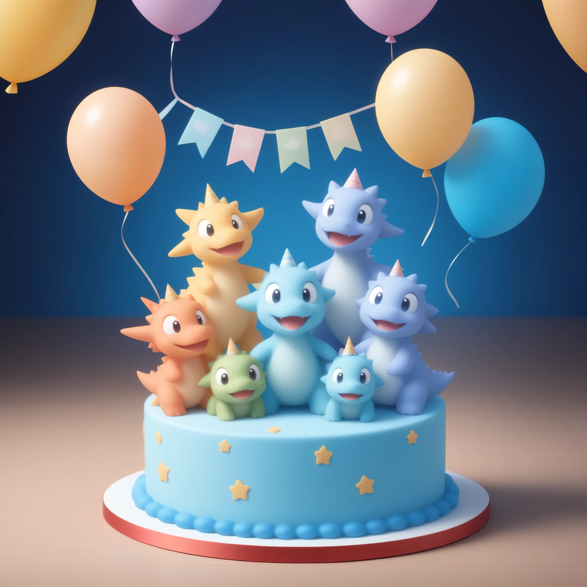 Five baby dinosaurs celebrating a birthday around a beautiful blue double-decker cake, The party decoration has lots of colorful balloons and sparkling stars. Everyone is wearing birthday hats, cute party hats.