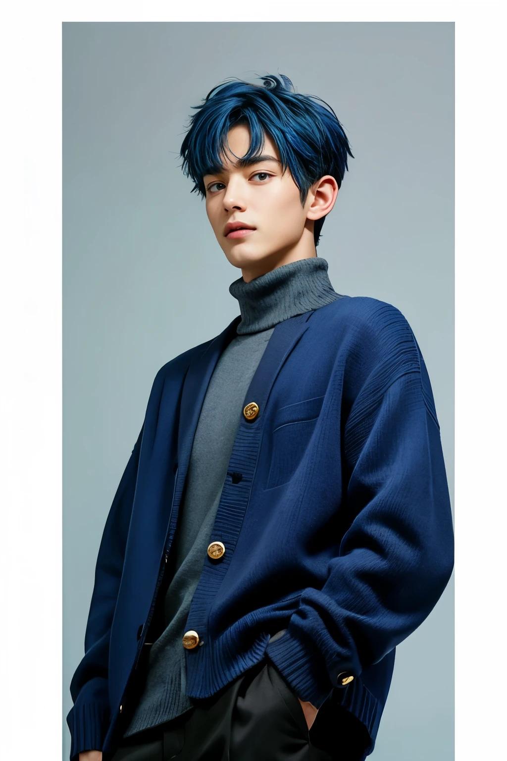 1 boy, cool guy, realistic, Dinamic angle. vivid blue hair. long bang. hold hands, His right hand is in his pocket. bangs, blue big eyes, blue hair, Short hair that covers the ears. The bangs between the eyes. Blue-gray turtleneck sweater, Blue jacket with gold buttons, serious.