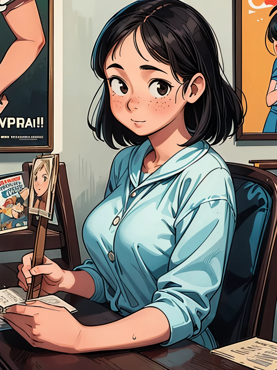 (masterpiece、highest quality、highest quality、Official Art、Beautiful and beautiful:1.2)、(One girl:1.3) black hair,Big Breasts, brown eyes, freckles, Glossy old advertising poster, Vintage Posters, Poster Vintage, Retro Posters, enoch bolles, 1940s propaganda posters, Joseph Brant, inspired by Art Frahm, beautiful retro art, art deco poster, Vintage Posters style, Hidden advertisement, Trading card front