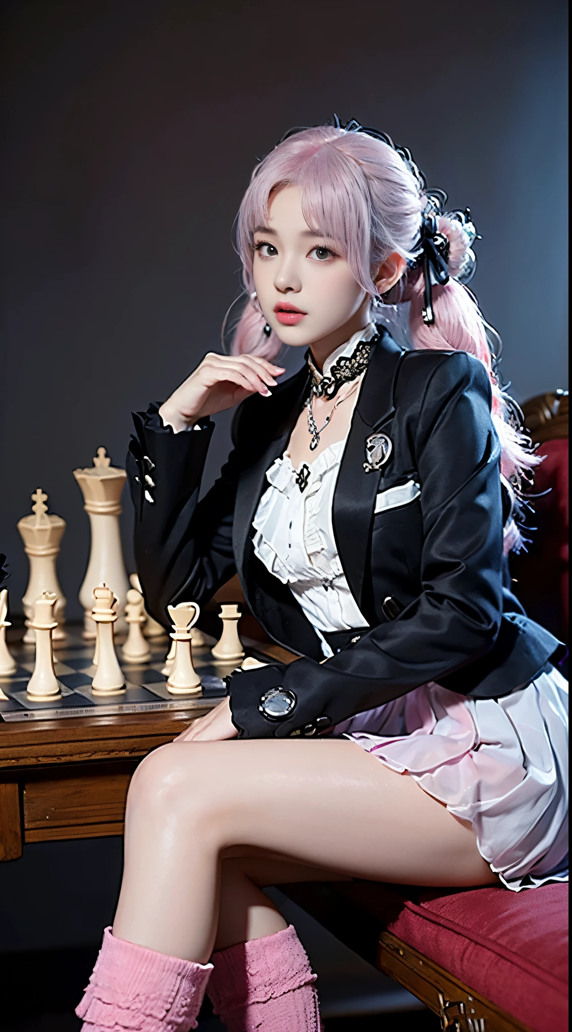One woman, 14 years old, (((pastel tuxedo suit with lace, frills and chiffon))), (((flared mini skirt))), (((pink hair))), (((thick bangs))), (((princess cut))), (((twin-tail, twin drill))), (((black lace knee-high socks))), (((pocket watch, afternoon tea, chess))), very deep depth of field, dramatic and very dark cinematic lighting, round face, very large jewel-like dark grey eyes, long eyelashes, thin nose, small mouth, very thin lips, no makeup, clear skin without blemishes, slender body, (((very realistic photos))), (((16K, high resolution))), (((UHD))), (((top quality))), (((masterpiece))), (((super detail))), (((anatomically correct))).